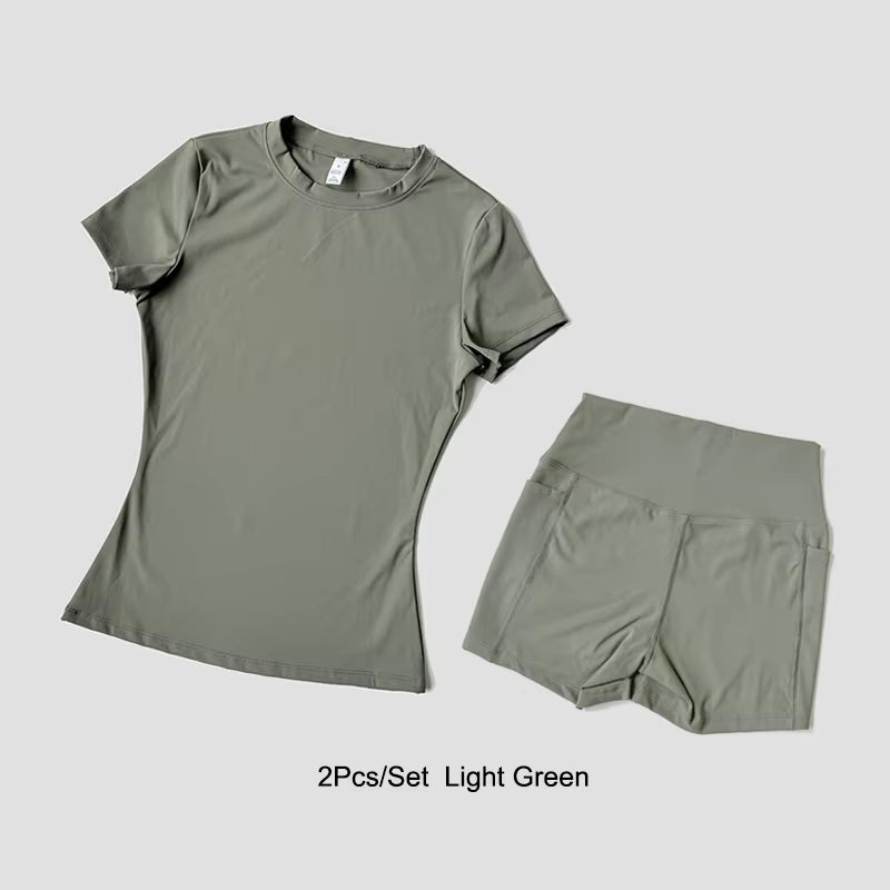 Women'S Sports Yoga Set Seamless Knitted Fitness Gym Clothes Sportswear Short Sleeve Crop Top Tracksuits Gym Short Leggings