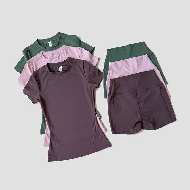 Women'S Sports Yoga Set Seamless Knitted Fitness Gym Clothes Sportswear Short Sleeve Crop Top Tracksuits Gym Short Leggings