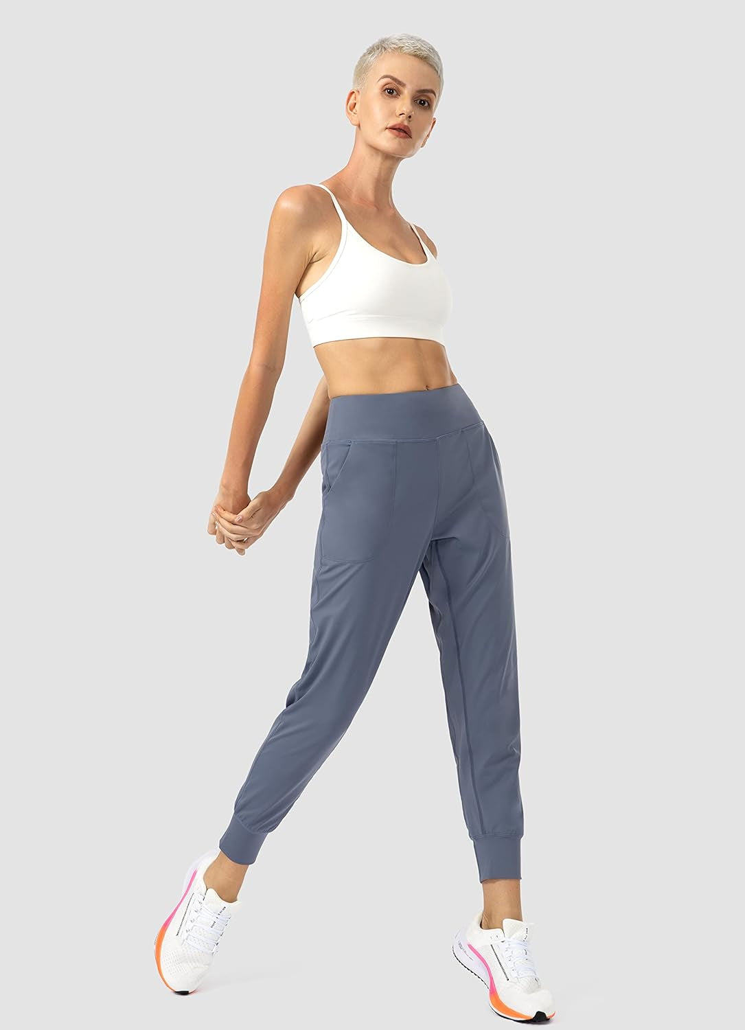 Elevate Your Workout with Soothfeel Women's High Waisted Joggers - Stylish, Comfortable, and Functional with Zipper Pockets in Dusty Blue
