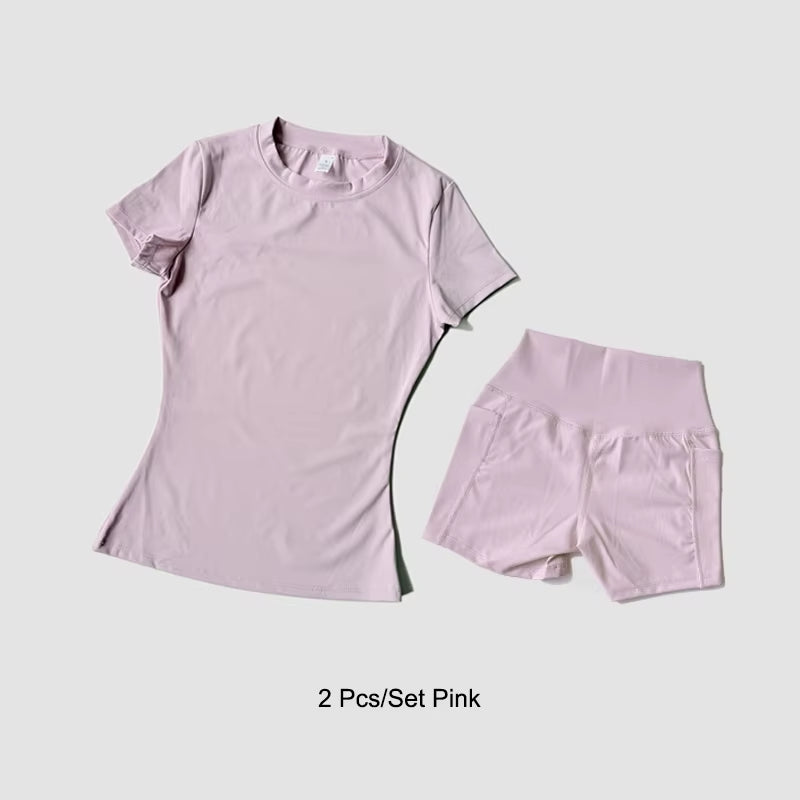 Women'S Sports Yoga Set Seamless Knitted Fitness Gym Clothes Sportswear Short Sleeve Crop Top Tracksuits Gym Short Leggings