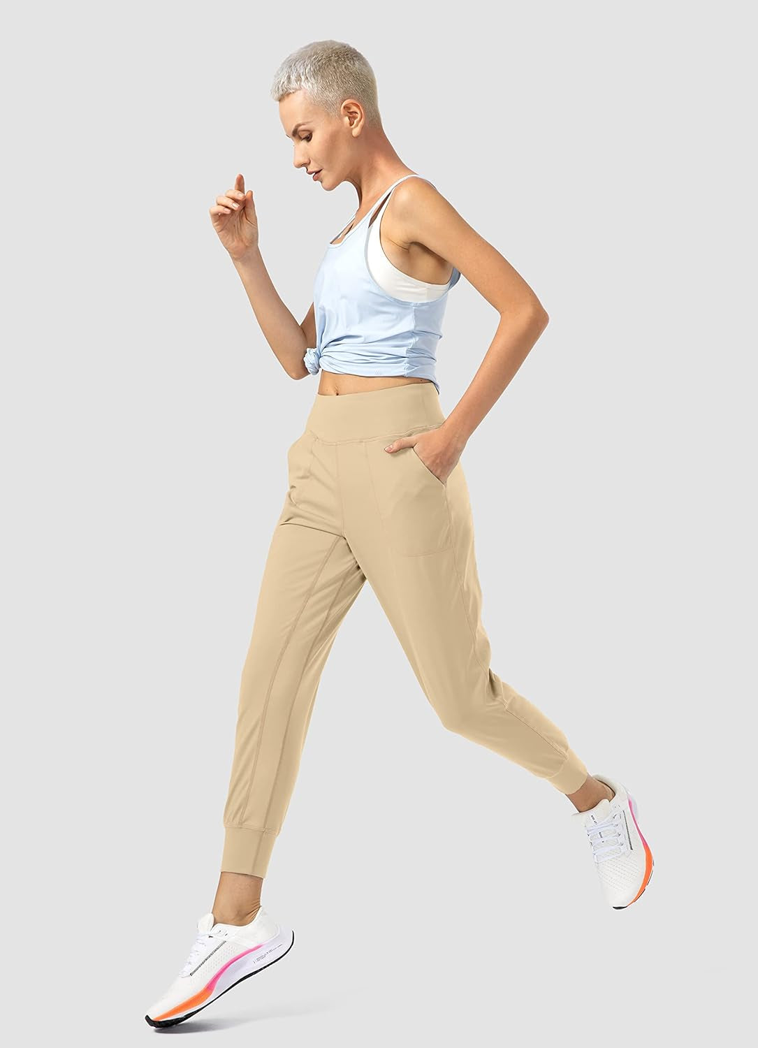 Elevate Your Workout with Soothfeel Women's High Waisted Joggers Featuring Zipper Pockets in Khaki