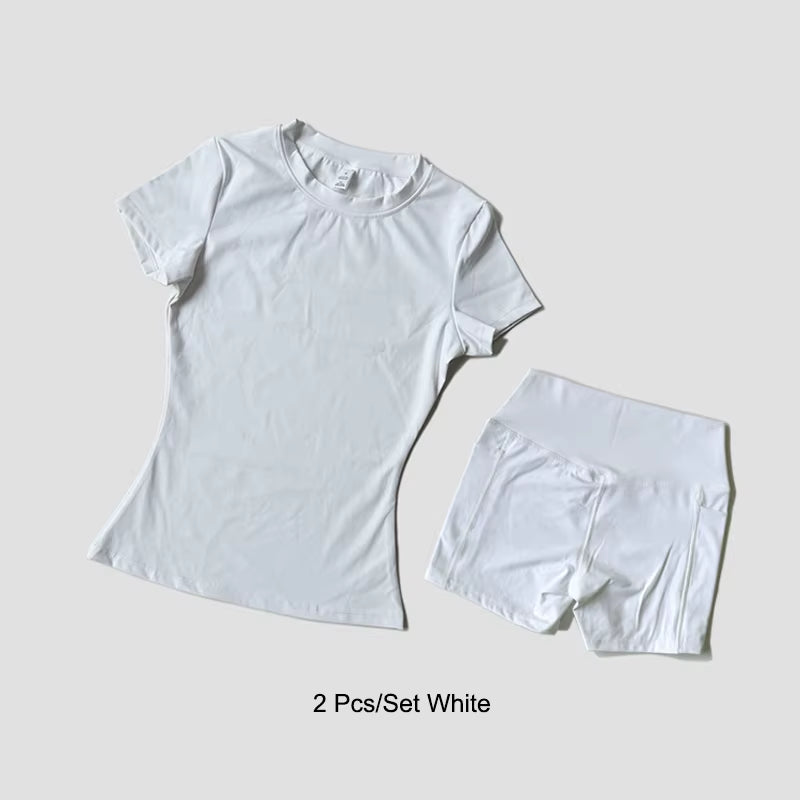 Women'S Sports Yoga Set Seamless Knitted Fitness Gym Clothes Sportswear Short Sleeve Crop Top Tracksuits Gym Short Leggings